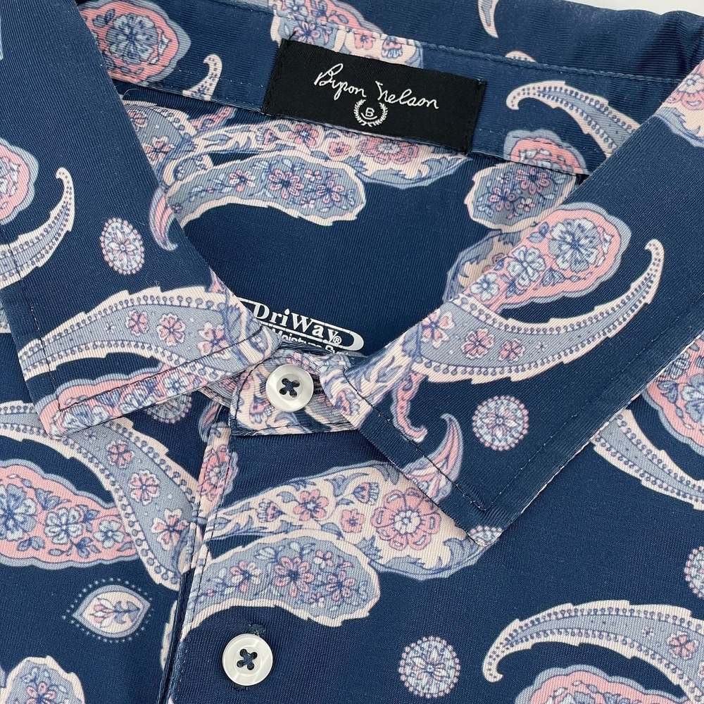 Byron‎ Nelson Golf Polo Men's XL Blue Pink Paisley Dri-Way Performance Polyester